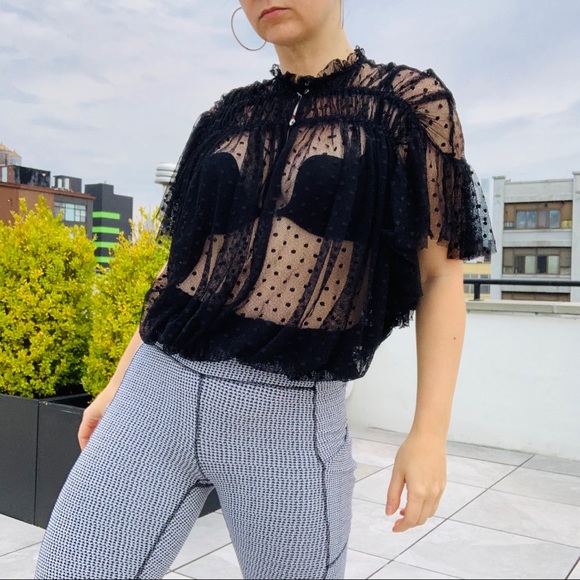 Hat or Top Free People Sheer Polka Dot Tulle Ruffle Cinch Top - Picture 8 of 16